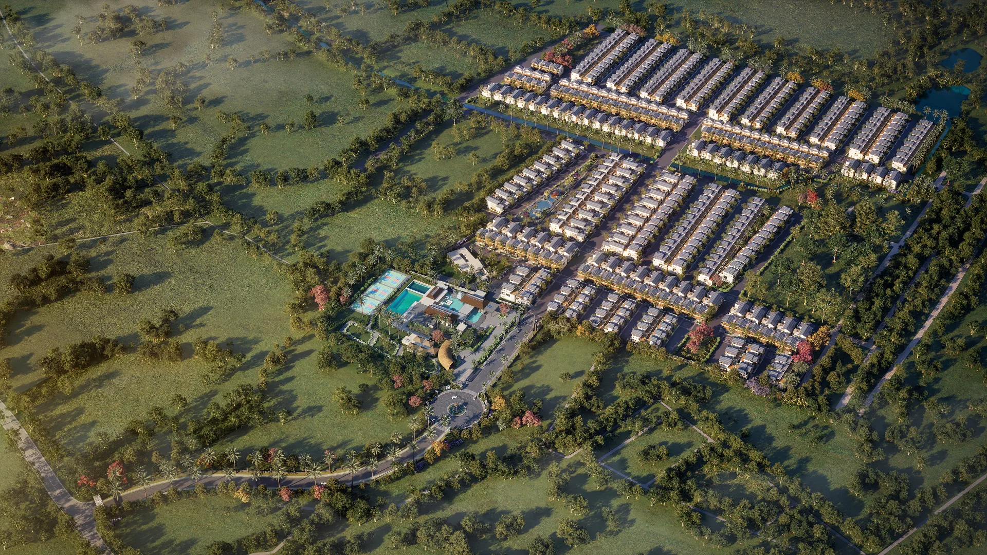 Aerial day render of the Ayana Woods master plan across 75 acres