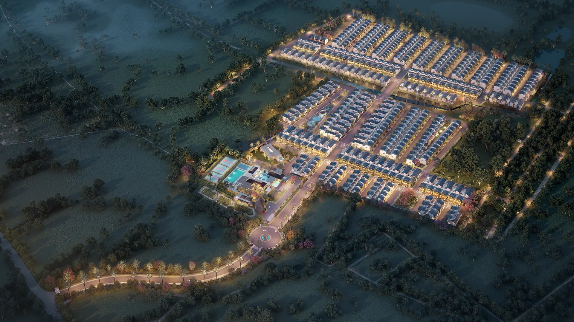 Evening aerial render of Ayana Woods