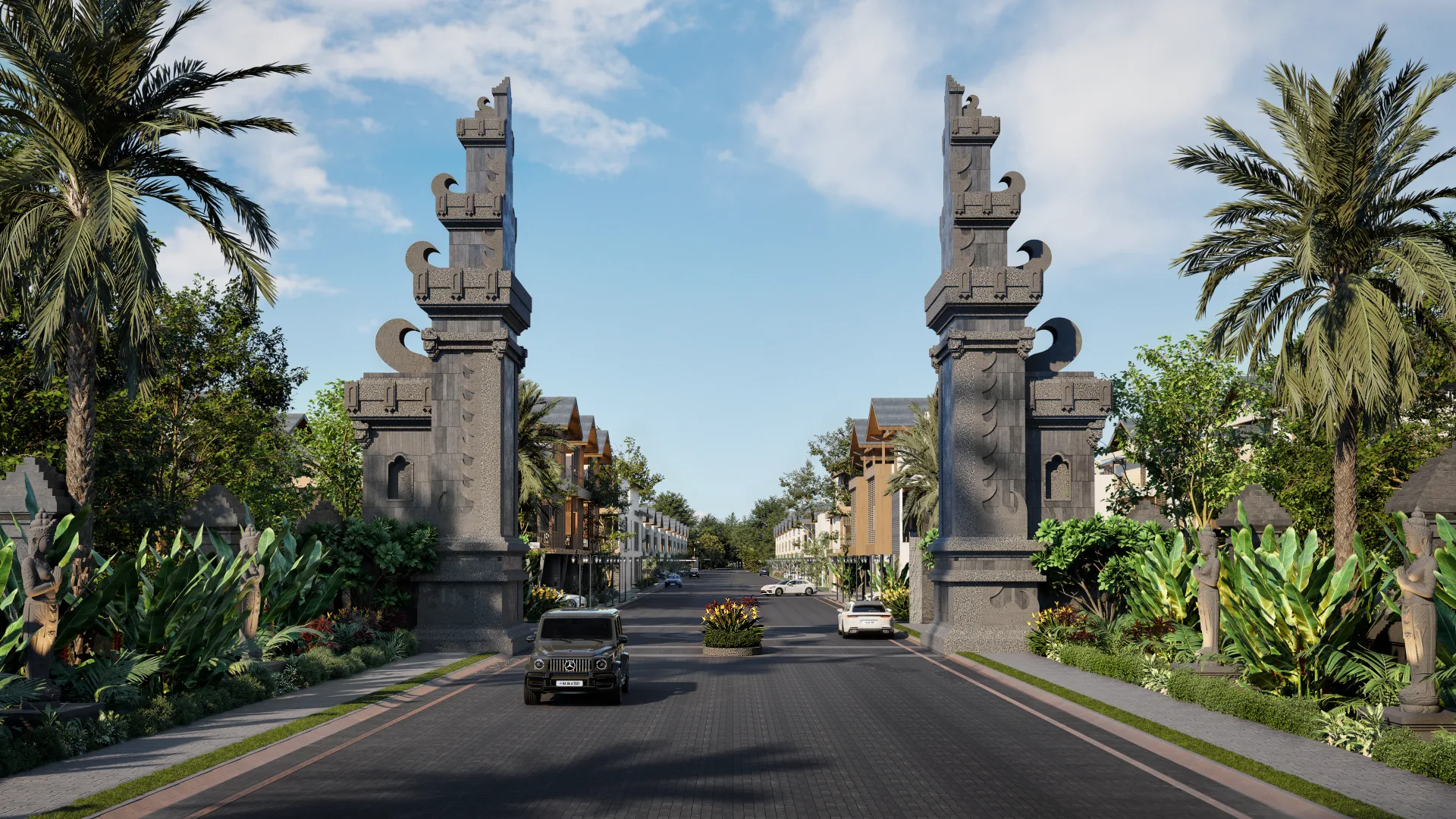 Render of the Ayana Woods gated entrance and arrival court