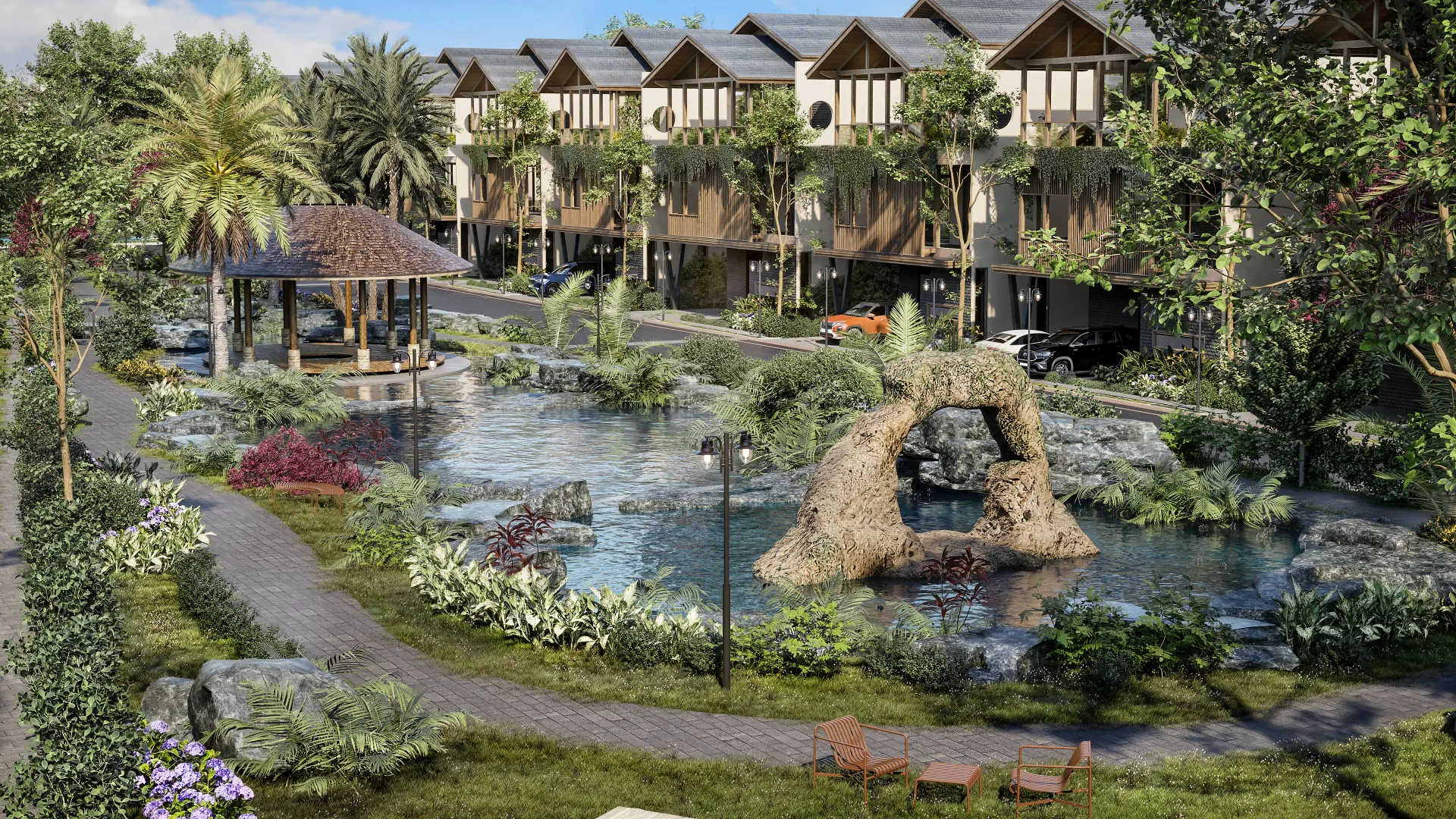Render of landscaped resort parkland and open green spaces