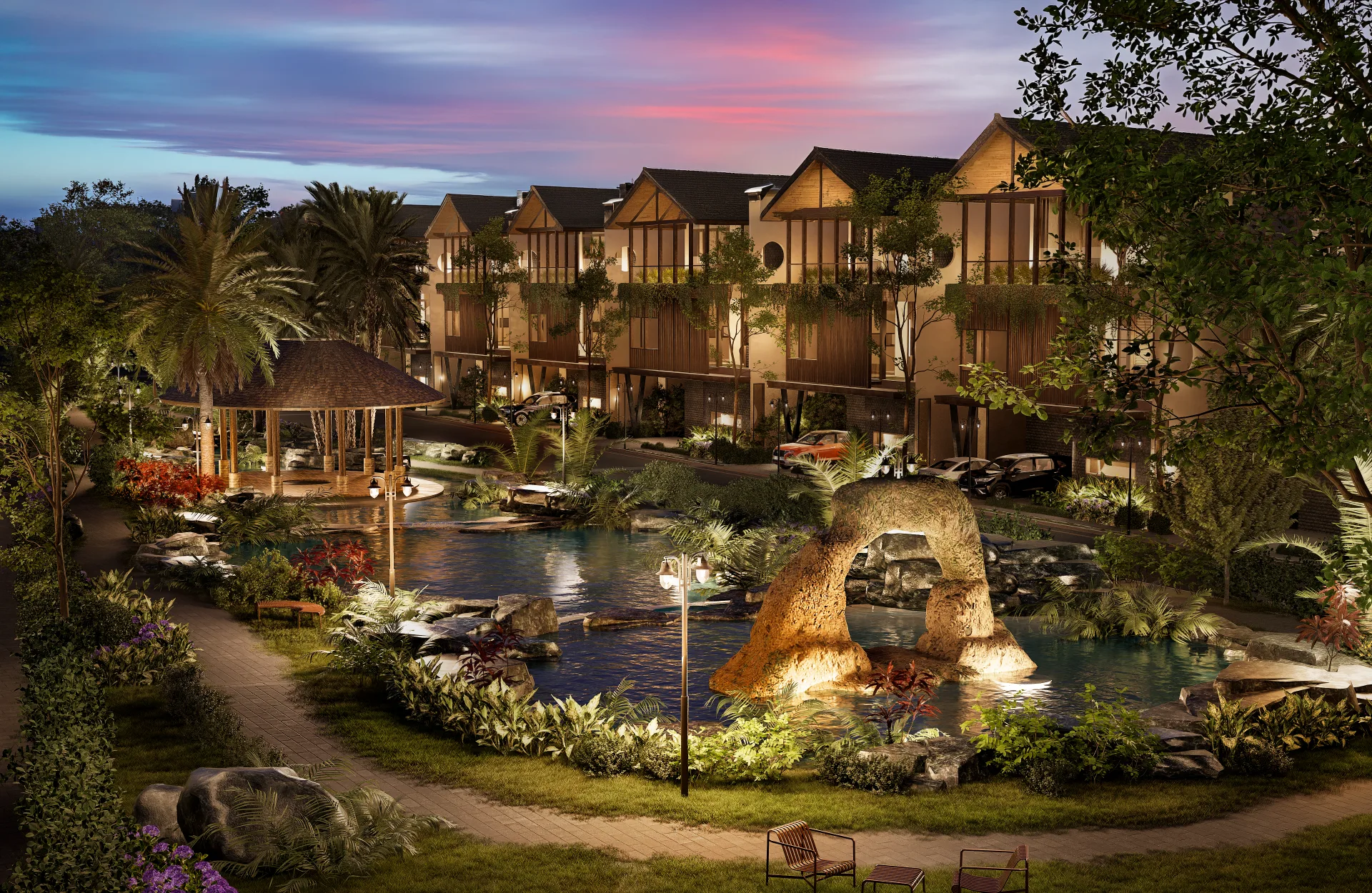 Evening render of the resort club and parkland