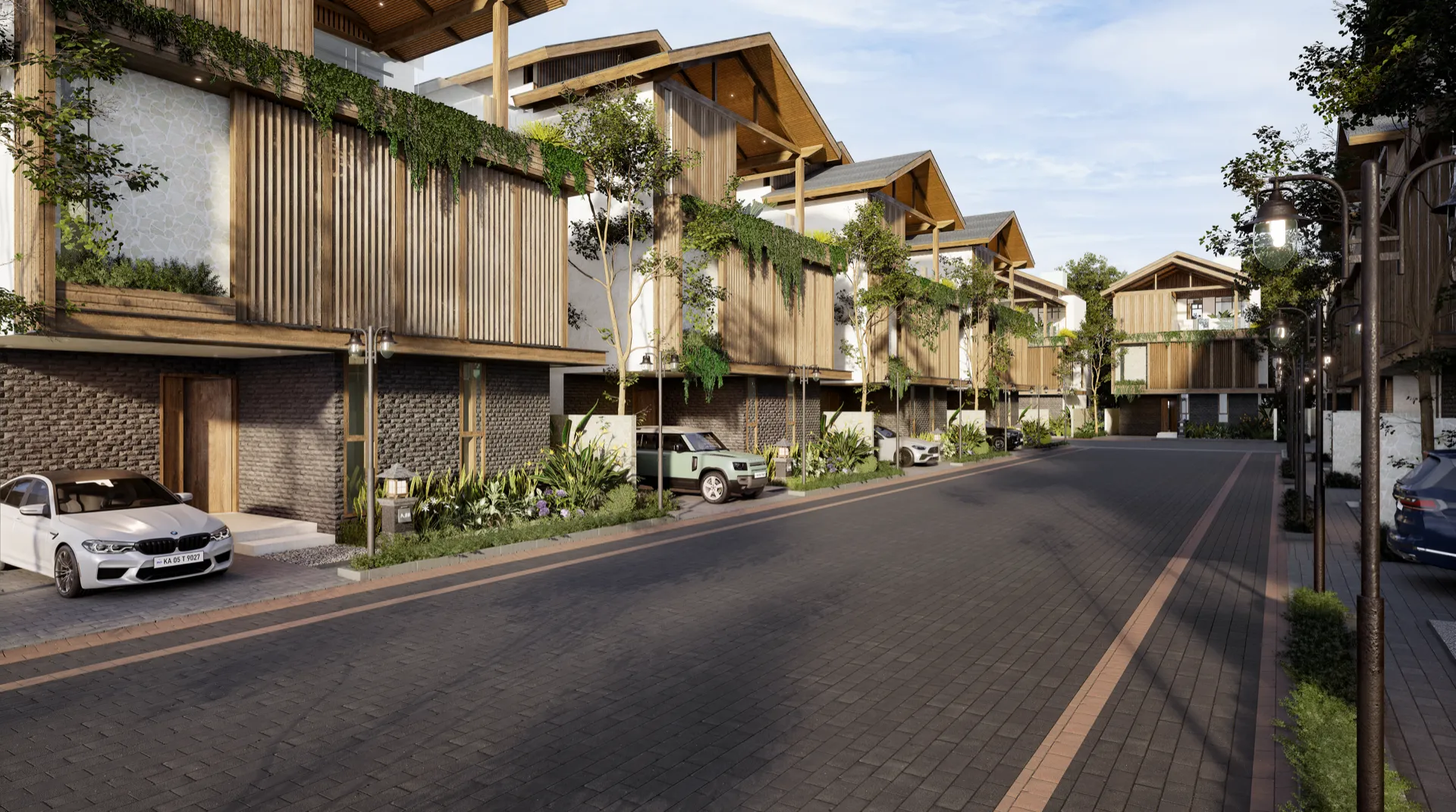 ASRI — four-bedroom villa row with timber-screen facades and landscaped street, day render