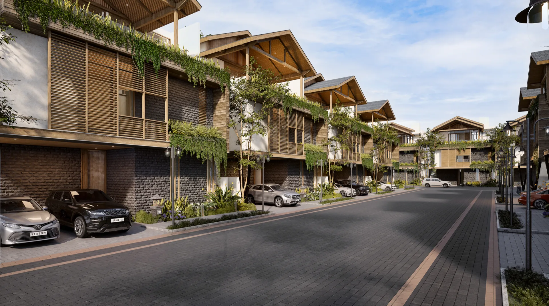 AMARA — four-bedroom villa streetscape with planted balconies and stone-clad base, day render