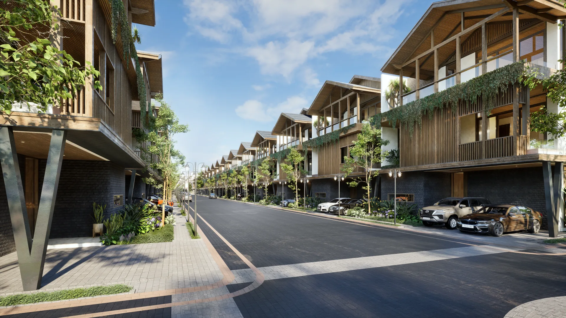 AGUNG — four-bedroom family villa with pavilion roof and tropical landscaping, day render